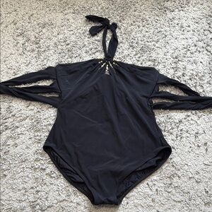 Gottex Black Halter One Piece with Gold Details